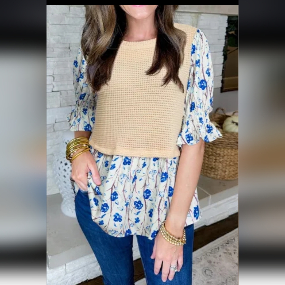 New Floral Silky Print Blouse with Tan Knit Overlay
